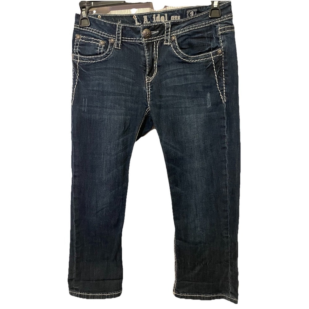 LA Idol USA Women's Size 9 Dark Wash Capri Jeans Thick Stitch Embroidered Pocket - Picture 3 of 9